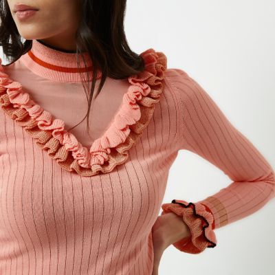 Pink ribbed knit V frill jumper